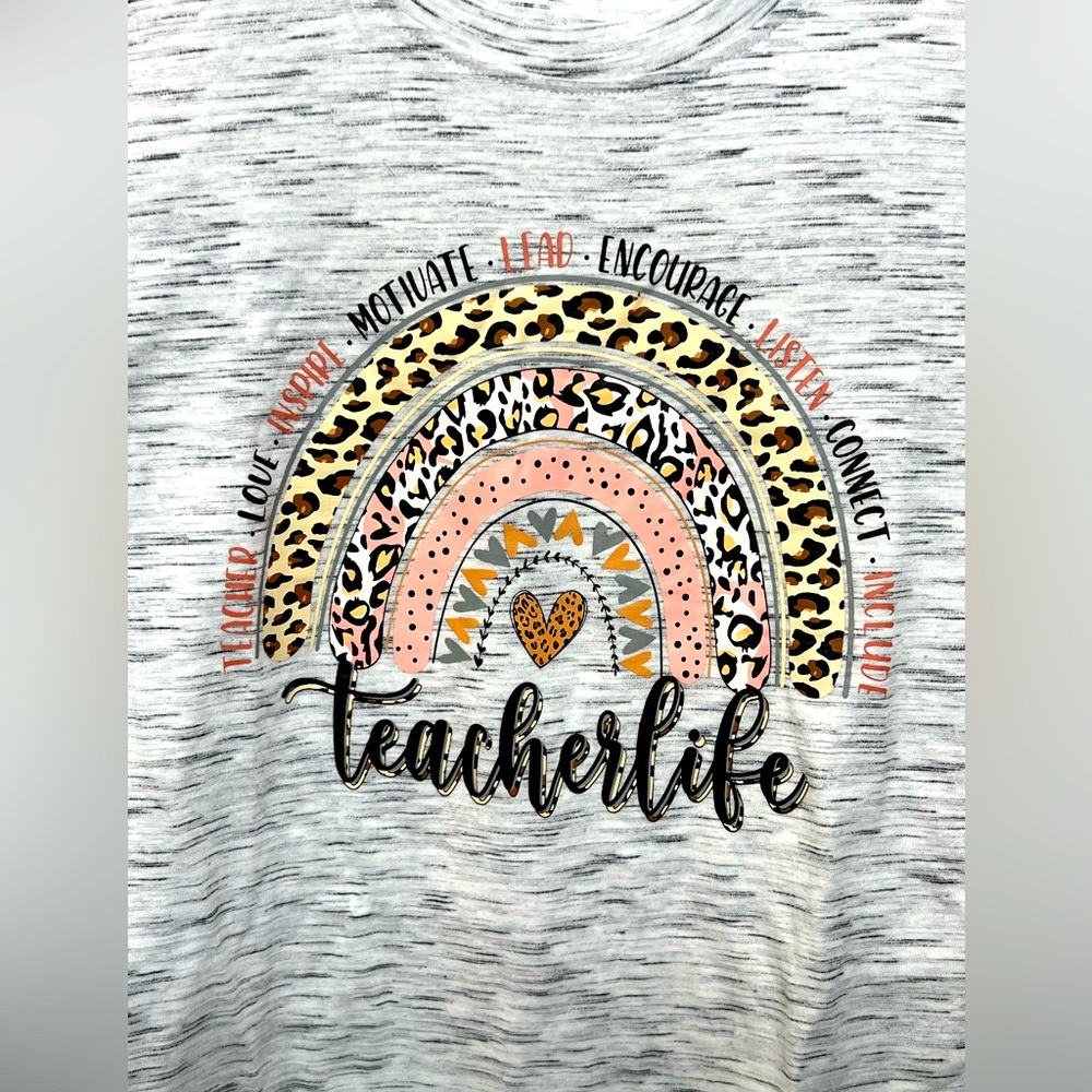 TeacherLife Short Sleeve Tee - Heather Gray with Pink & Leopard Print